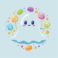 Cute Cartoon Ghost Surrounded by Colorful Candy and Sweets in a Fun and Whimsical Style

