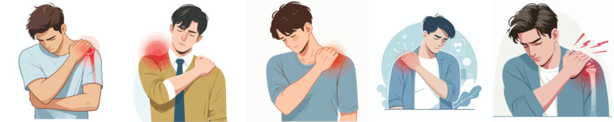 flat design vector collection of a young man suffering from shoulder pain
