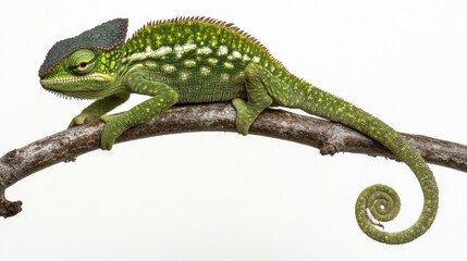 Obraz premium Vibrant Green Chameleon Resting on Curved Branch With Curled Tail Against White Background in a Serene Setting