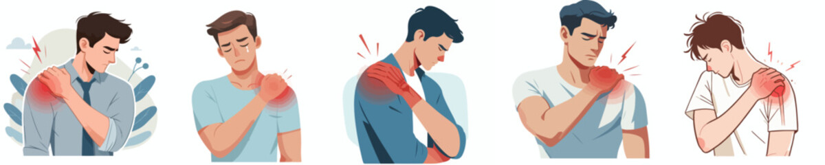 flat design vector collection of a young man suffering from shoulder pain
