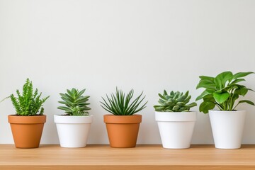 Fototapeta premium Succulent and fern arrangement on wooden shelf with neutral background showcasing various plant species