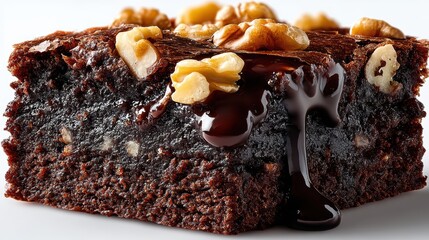 a close-up of a rich chocolate brownie with a gooey center and walnuts on a white isolated background, indulgent and sweet design