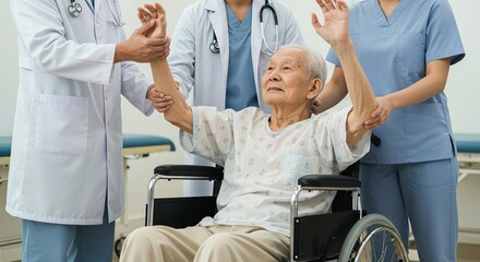 Obraz premium Senior Man in Wheelchair Receiving Arm Exercise Assistance