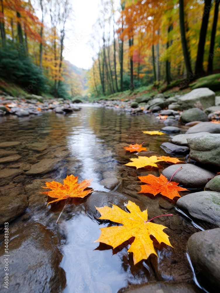 Poster autumn stream and maple leaves - colorful maple leaves float on a calm stream in an autumn forest. t