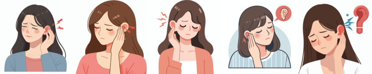 flat vector design collection of a girl who has earache
