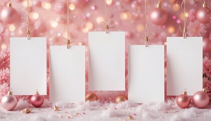 Five blank white cards hang against a festive background filled with pink and gold Christmas ornaments, sparkling lights, and artificial snow, providing space for multiple holiday messages or photos.