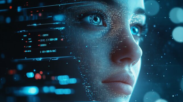 Close up of a woman's face with digital data overlay and glowing blue eyes in a futuristic setting