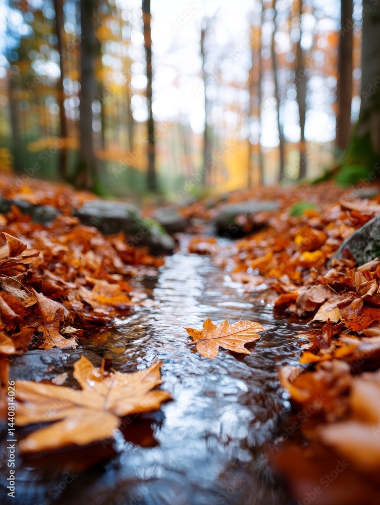 Aufkleber autumn stream in the woods - a tranquil stream flows through a forest, its surface adorned with fall
