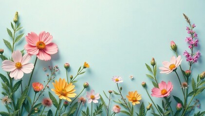 Naklejka premium Delicate wildflowers & leaves, pastel palette, subtle texture, light, handmade, wallpaper