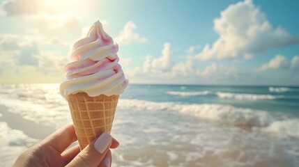 Swirl of soft serve ice cream against a beach background Generative AI