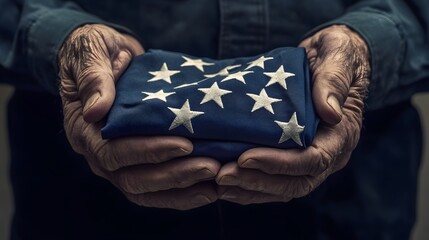 Respect and Remembrance: A pair of aged hands tenderly cradles a folded flag, embodying patriotism and a lifetime of service and sacrifice. A symbol of honor and dignity.