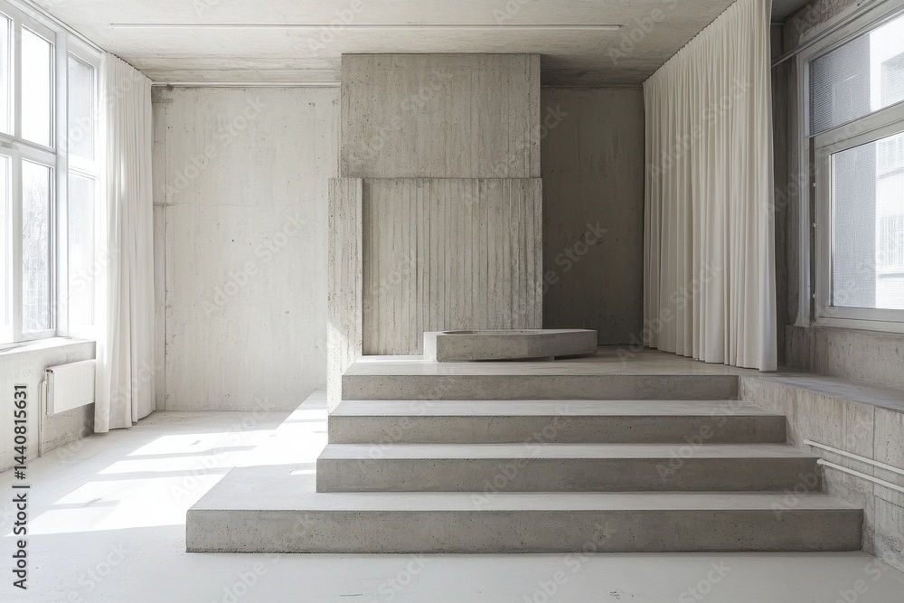 Poster minimalist architectural space: concrete stairs leading to a platform with a geometric element, bath