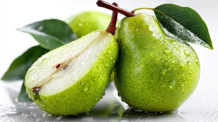 a fresh, ripe pear with a smooth green skin and a slice cut on a white isolated background, juicy and fresh design