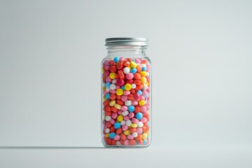 Glass jar filled with colorful assorted candy or pills, photographed against a plain background, evokes a sense of health or sweetness.