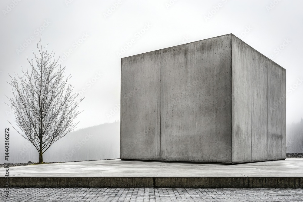 Aufkleber geometric landscape featuring a bare tree and monolithic concrete structure in a misty, minimalist s