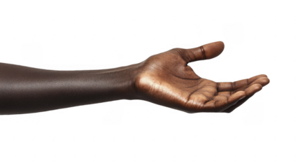 African descent hand outstretched, cupped in a receiving or offering gesture, presented on a dark plane, poised, open palm, on a transparent background, PNG image, PNG file.