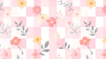Pink Gingham Floral Pattern: Delicate pink flowers and gray leaves are artfully arranged on a pink and white gingham background, creating a charming and elegant seamless pattern.