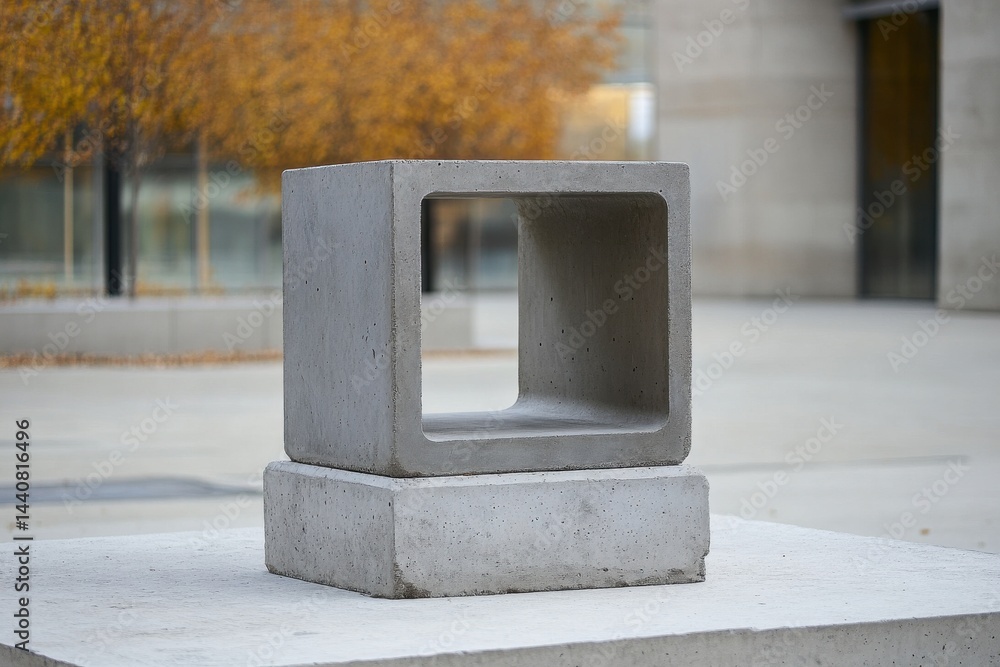 Poster concrete cube sculpture: open shape atop a base, set against a blurred urban backdrop with autumn fo