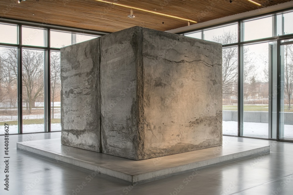Poster a modern art museum hosts a gray concrete cube sculpture on a matching platform, surrounded by windo