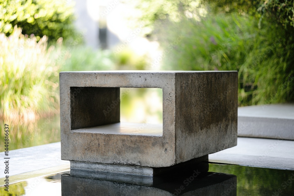Fototapete Minimalist Concrete Bench: A simple rectangular bench with a square window, sitting on a reflective pool in a green garden setting.