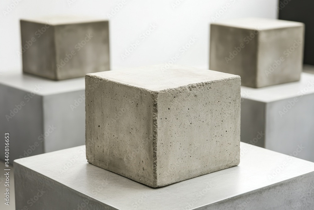 Poster Concrete Cubes: Minimalist design featuring rough, textured concrete blocks arranged in a staggered geometric composition, creating depth.