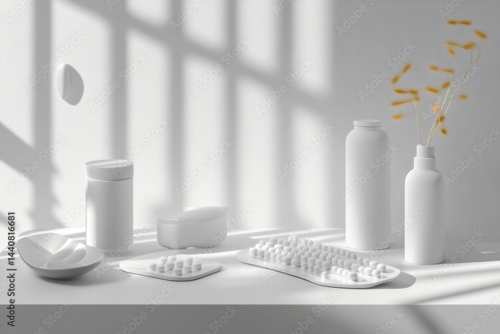 Poster minimalist white shelf display with sunlight. assortment of matte containers, pill organizers, a bow