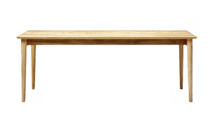 Ash wood table, clean lines, natural wood grain, rectangular surface, four simple legs, light color finish, furniture element on a transparent background, PNG image, PNG file.