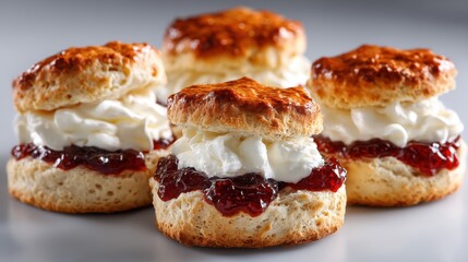 a set of freshly made scones with clotted cream and jam on a white isolated background, traditional and delicious design