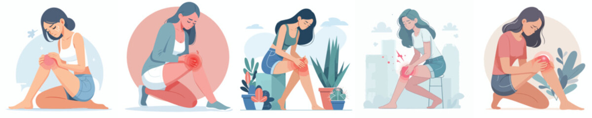 flat vector design collection of a girl having knee pain