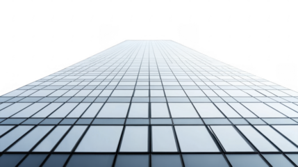 Perspective view of a glass skyscraper facade extending upwards, clear day light, symmetrical pattern of windows and frames on a transparent background, PNG image, PNG file.