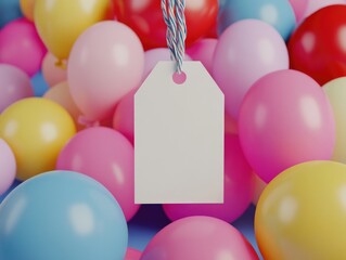 Simple white empty sale tag, ballons in background. 