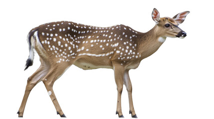 Naklejka premium Spotted fawn with brown fur and white spots standing, looking to the side in a studio environment; isolated detailed animal. on a transparent background, PNG image, PNG file.