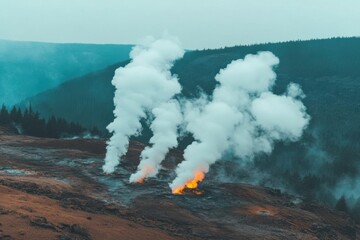 Smoke and fire rise from geothermal vents in a remote landscape during a misty morning