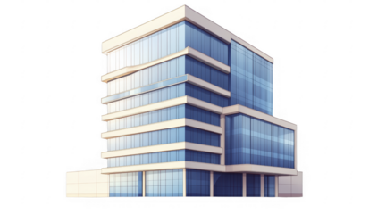 Contemporary office tower with glass facade and multiple stories, commercial building, modern architecture, isolated design element on a transparent background, PNG image, PNG file.