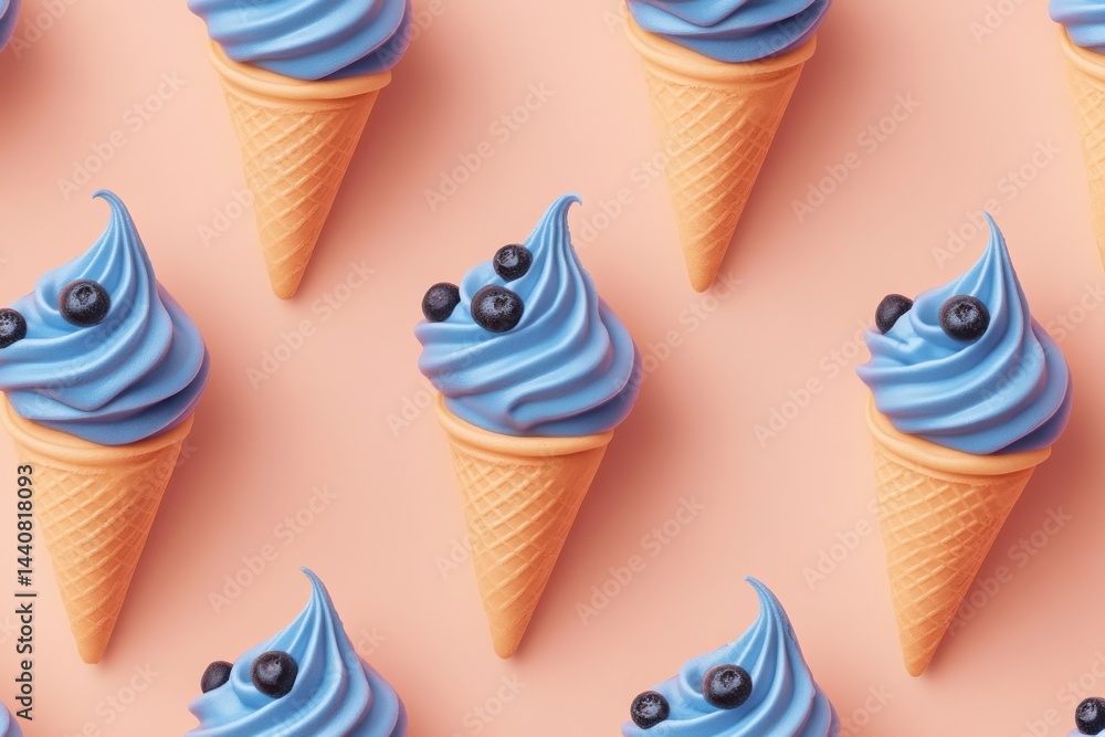 Poster pattern of blue soft serve ice cream cones with blueberries on a pink background, offering a playful