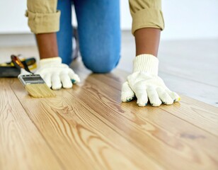 Person wearing gloves refinishes wooden floor with a brush, focusing on hands and boards in a bright, clean room.