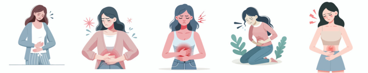 flat vector collection of designs of a girl having a stomachache