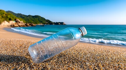 A plastic bottle lies on the sandy beach, symbolizing pollution and environmental issues. The azure ocean waves gently lap against the shore, reminding us of nature's beauty.