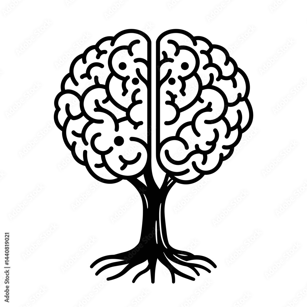 Poster brain tree of knowledge: a stylized illustration of a brain forming the crown of a tree, symbolizing