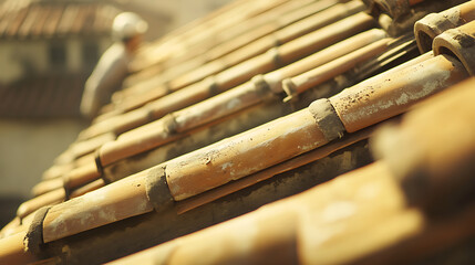Traditional Roof Tiles with Worker in Background