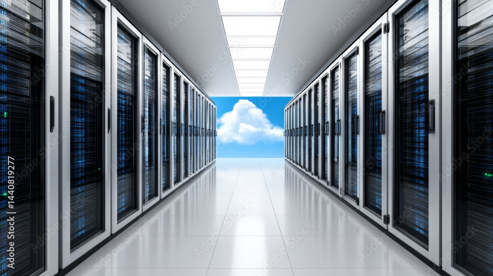 Poster cloud server room data center - rows of servers in a modern data center with a blue sky and cloud ba