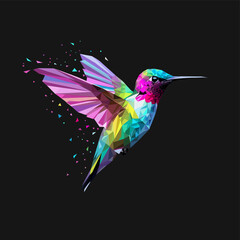 Geometric Hummingbird in Flight: A stunning geometric rendering of a hummingbird in flight, showcasing vibrant colors and a modern, artistic style.