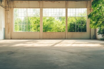 Spacious industrial space illuminated by natural light with greenery outside