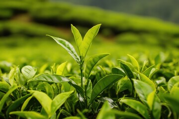 Fototapeta premium Lush green tea plantation showcasing vibrant, healthy leaves in a tranquil, natural setting. Rolling hills create depth.