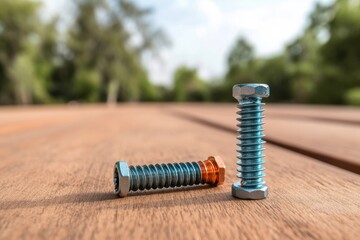 Metal screws resting on a wooden surface with nature in the background during daylight