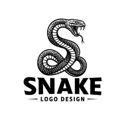 Obraz premium Serpent Logo Design: A sleek, hand-drawn emblem showcasing a serpent, coiled in a dynamic pose with its mouth open, exuding an aura of ancient power and precision. 