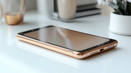 Modern Smartphone on a Clean Desk with Minimalist Decor and Accessories
