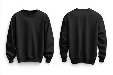 Isolated front and back view of a plain black crewneck sweatshirt on a white background. Garment for casual wear, comfort and warmth.
