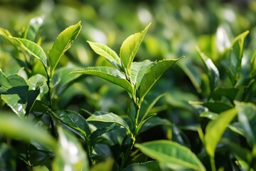Fototapeta premium Fresh green leaves glisten in the sun, a vibrant display of nature's beauty. Close-up reveals intricate details of leaf patterns.