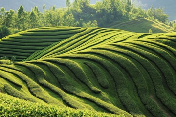Fototapeta premium Lush green terraces create rolling patterns in this scenic cultivated landscape, showcasing farming and environmental harmony.